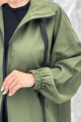 مانتو پاییزه کتان بلند یقه گت جلو زیپ