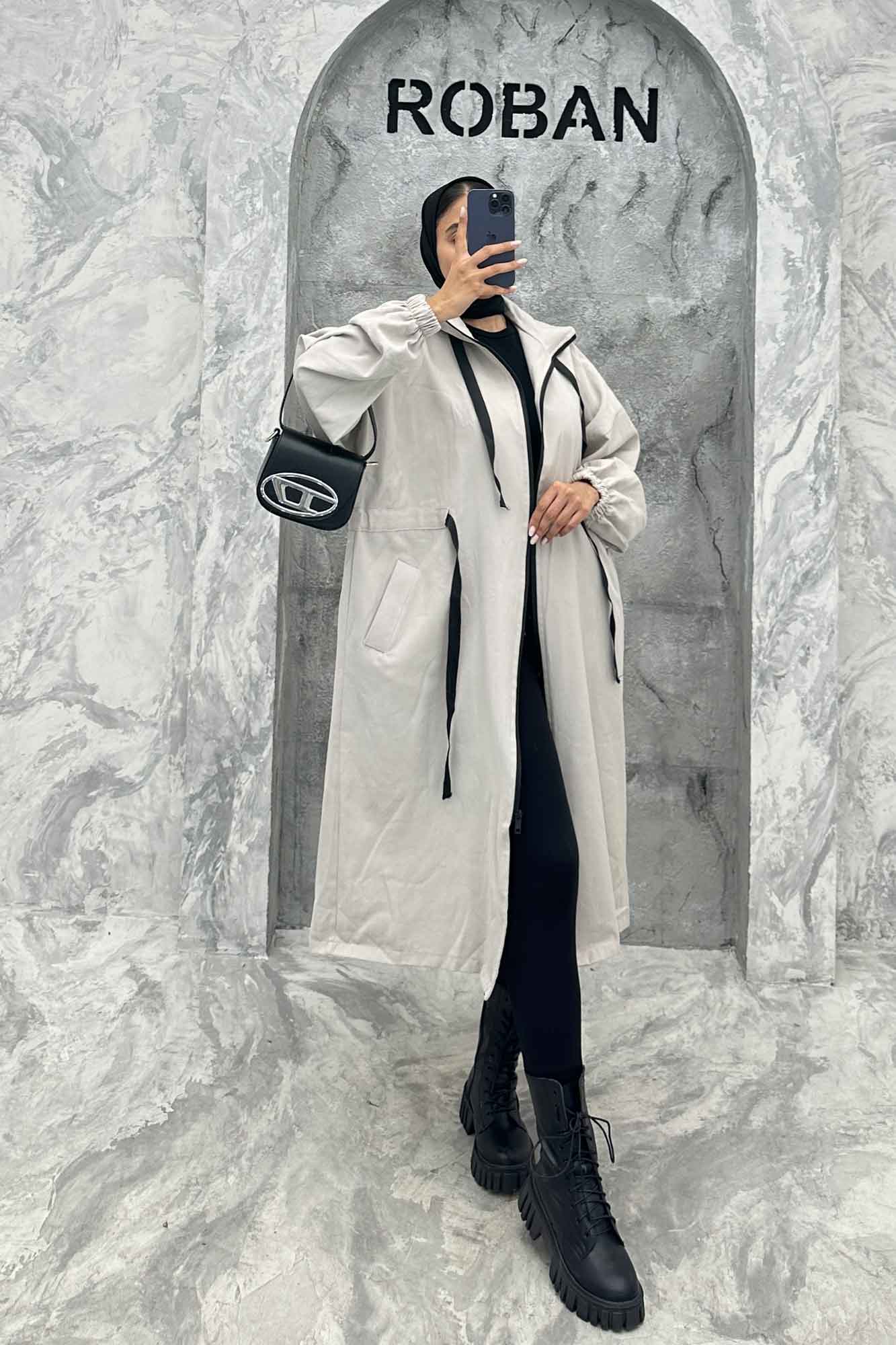 مانتو پاییزه کتان بلند یقه گت جلو زیپ