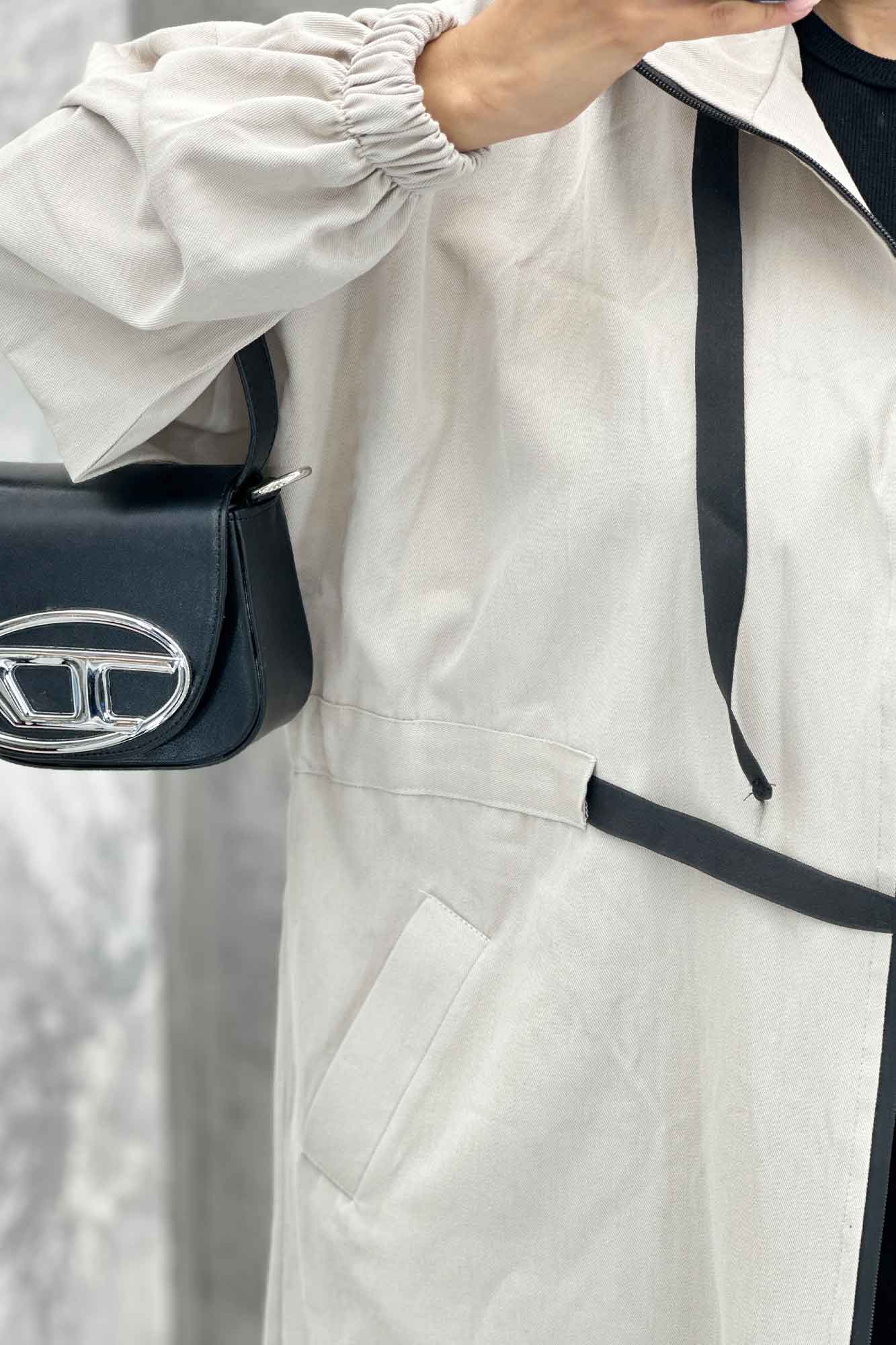 مانتو پاییزه کتان بلند یقه گت جلو زیپ