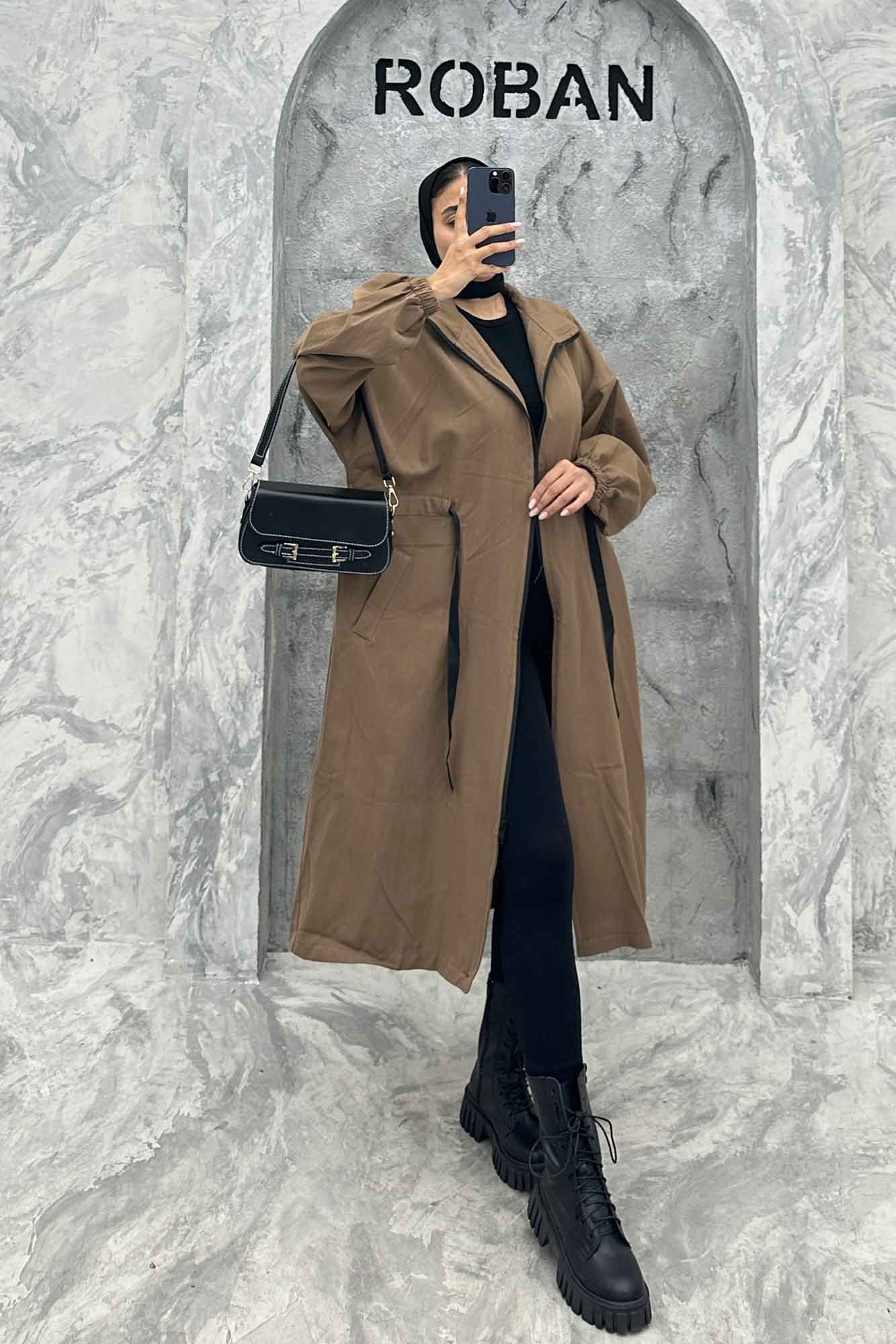 مانتو پاییزه کتان بلند یقه گت جلو زیپ