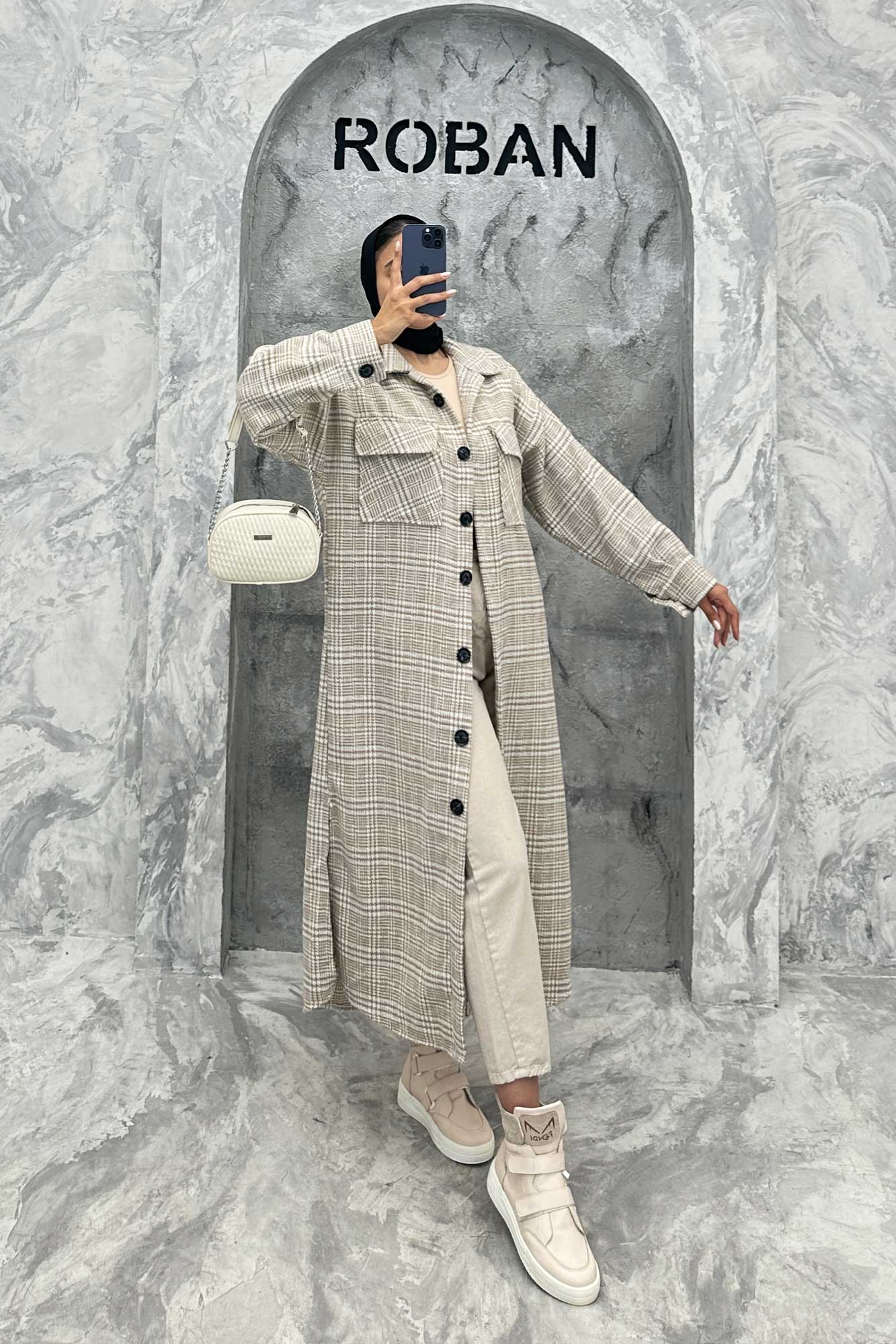 پالتو فوتر چهارخانه بغل چاک دو جیب پاکتی