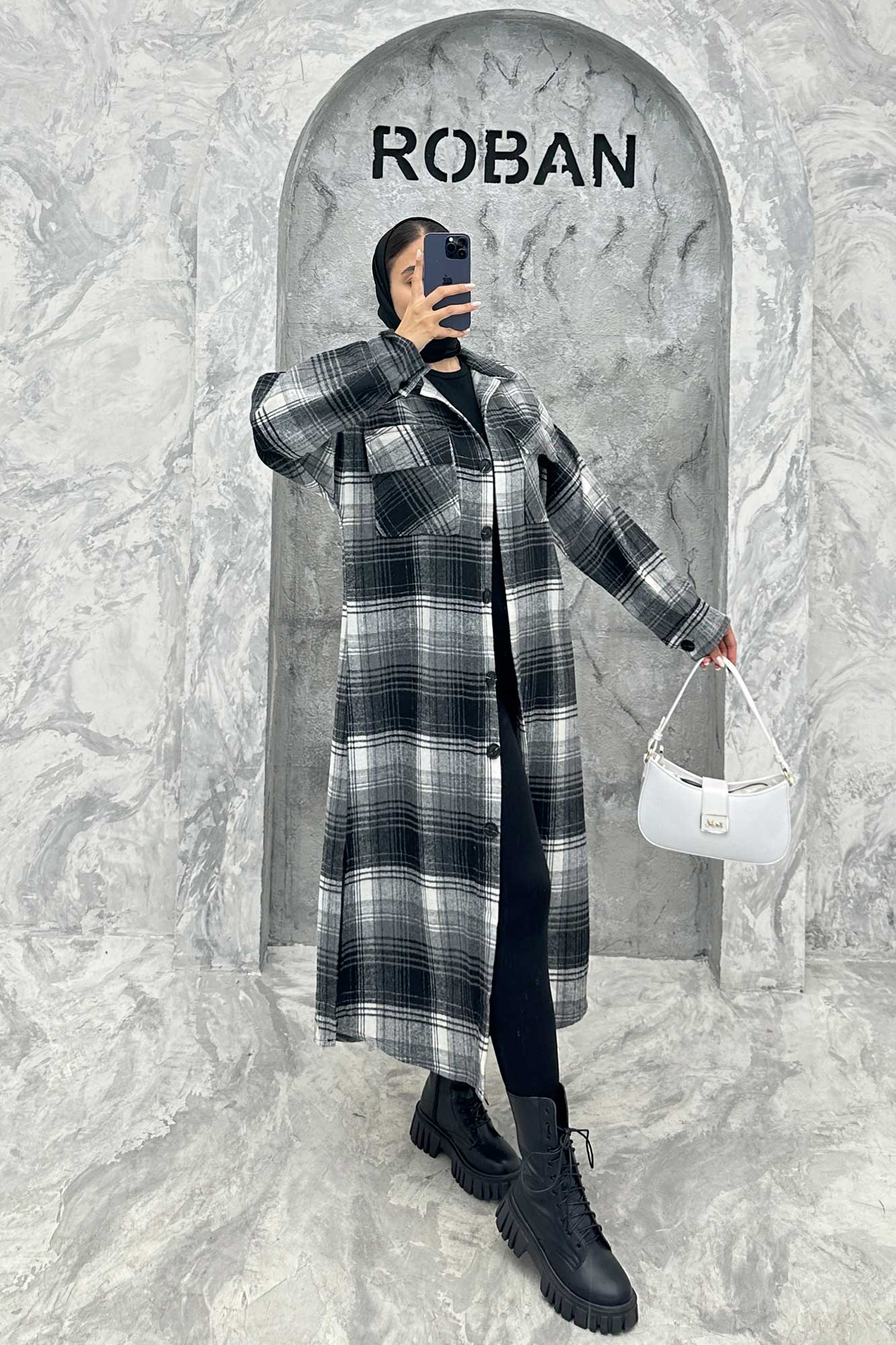 پالتو فوتر چهارخانه بغل چاک دو جیب پاکتی