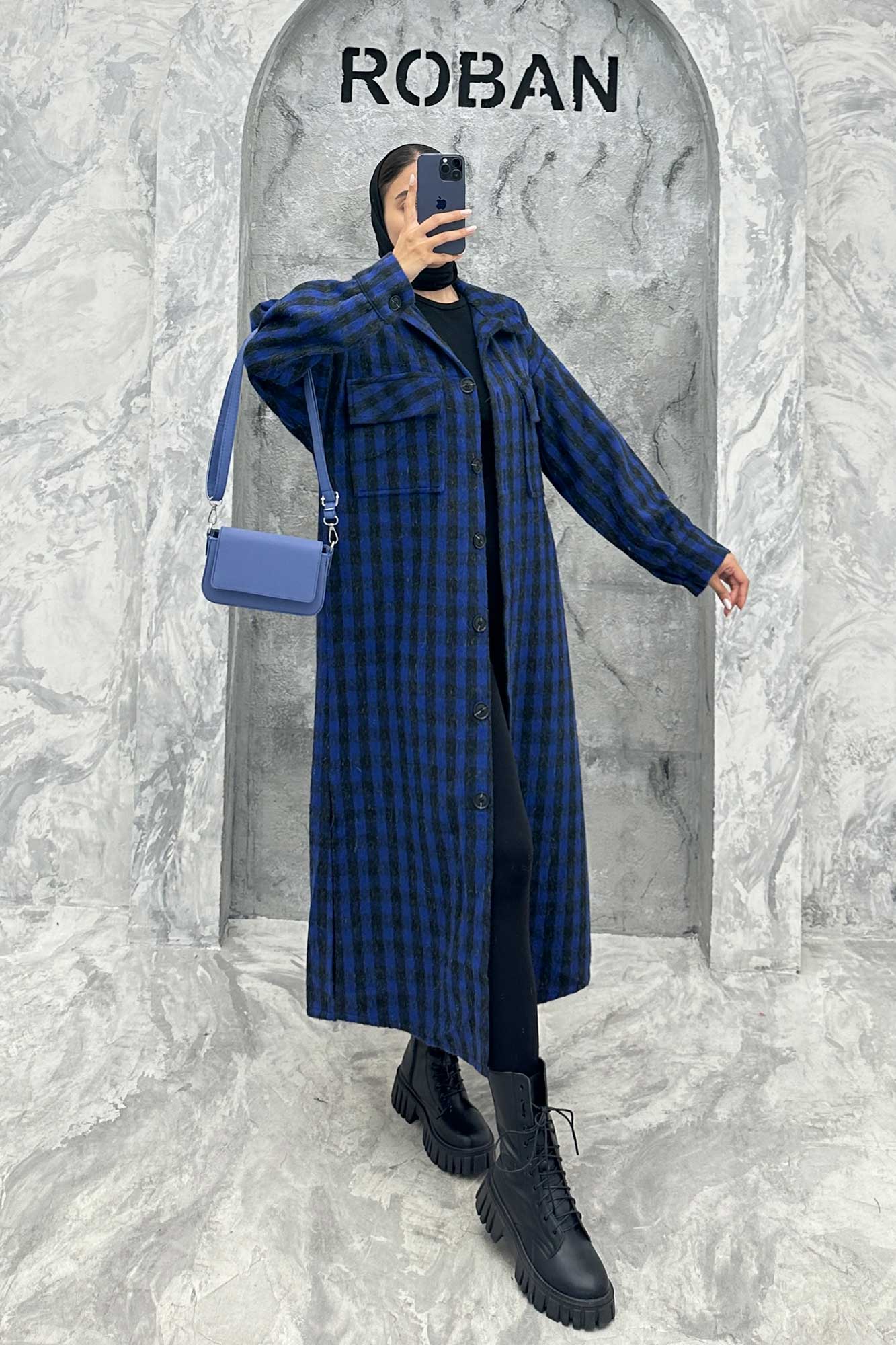 پالتو فوتر چهارخانه بغل چاک دو جیب پاکتی