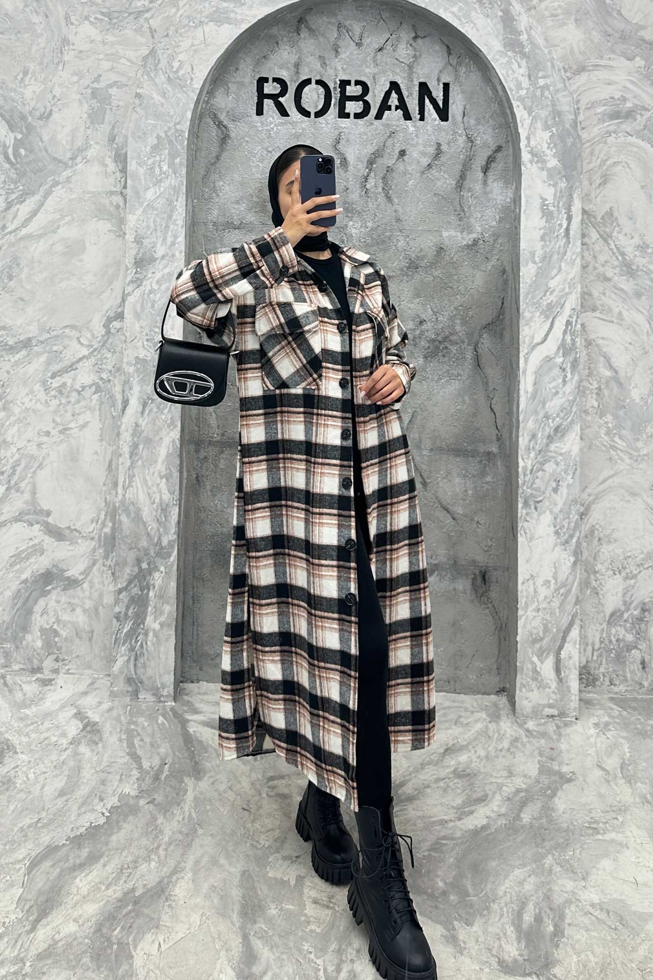 پالتو فوتر چهارخانه بغل چاک دو جیب پاکتی