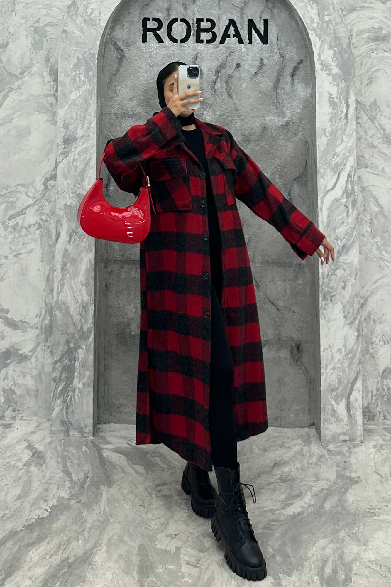 پالتو فوتر چهارخانه بغل چاک دو جیب پاکتی