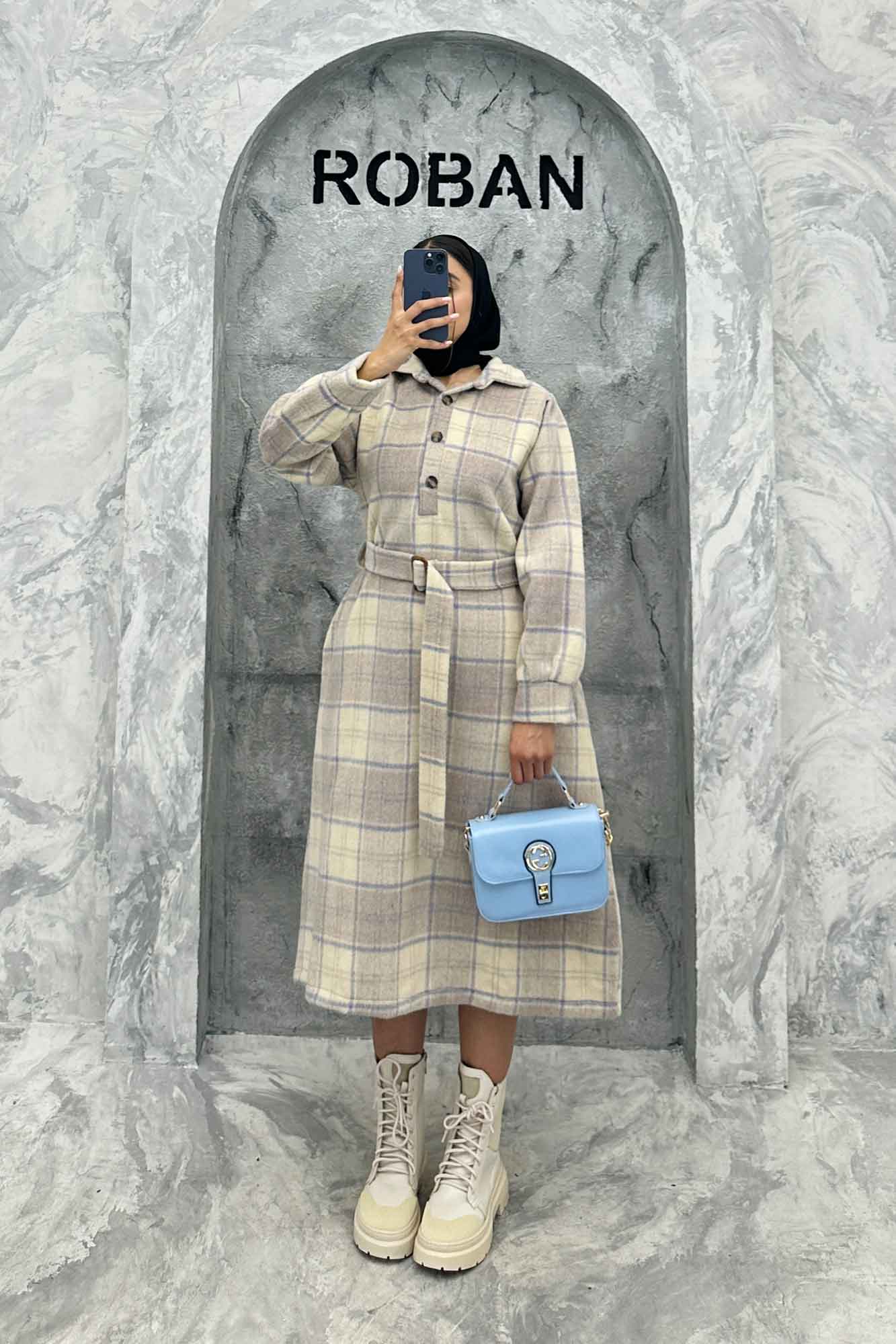 مانتو کفتان کمربندی پشمی چهارخانه 4691