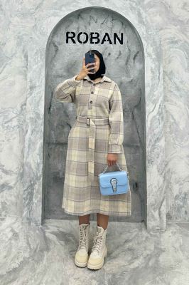 مانتو کفتان کمربندی پشمی چهارخانه 4691