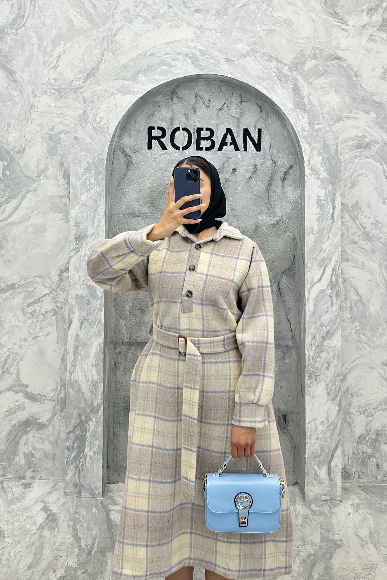 مانتو کفتان کمربندی پشمی چهارخانه 4691