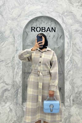 مانتو کفتان کمربندی پشمی چهارخانه 4691