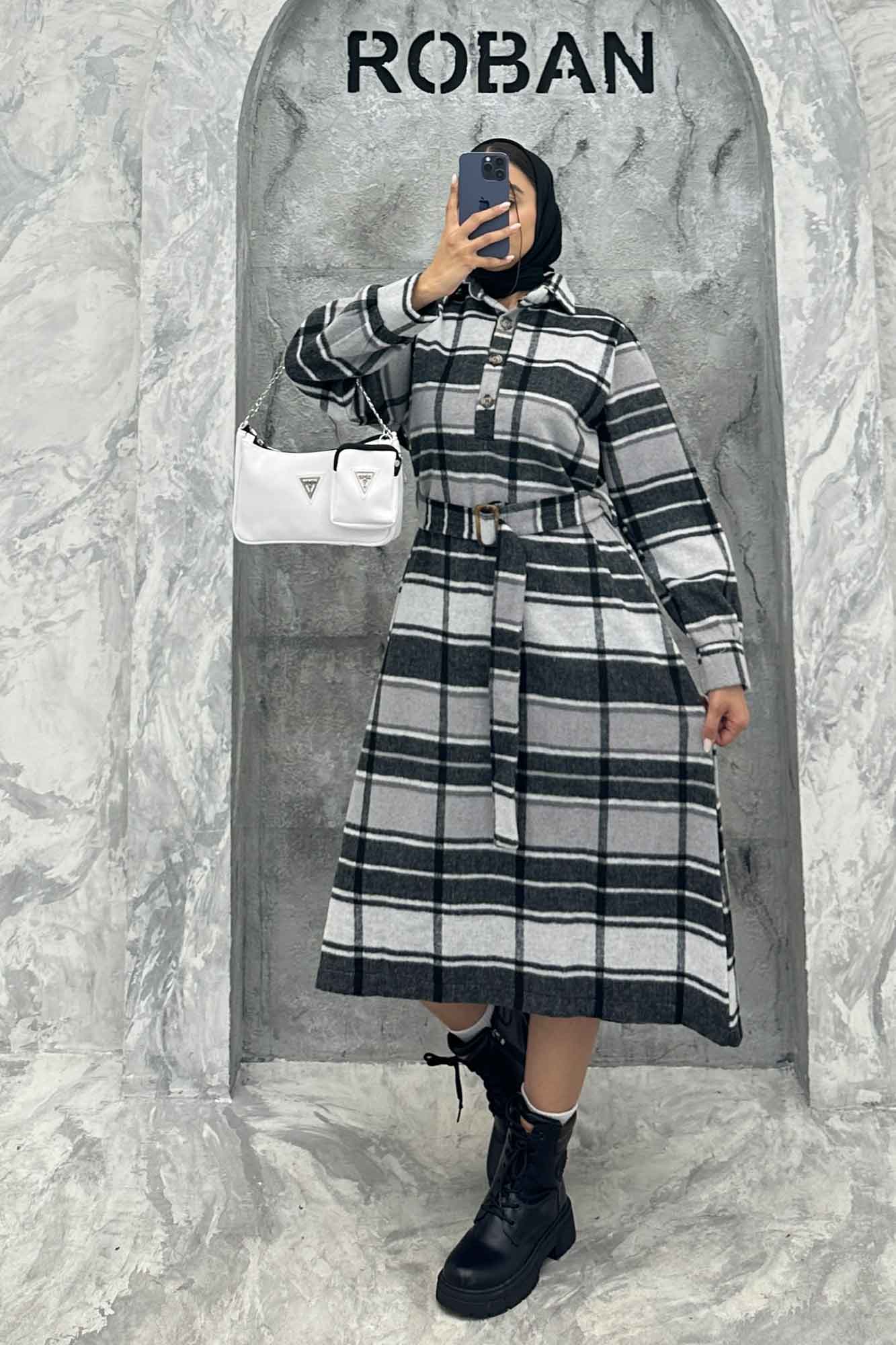 مانتو کفتان کمربندی پشمی چهارخانه 4691