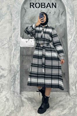 مانتو کفتان کمربندی پشمی چهارخانه 4691