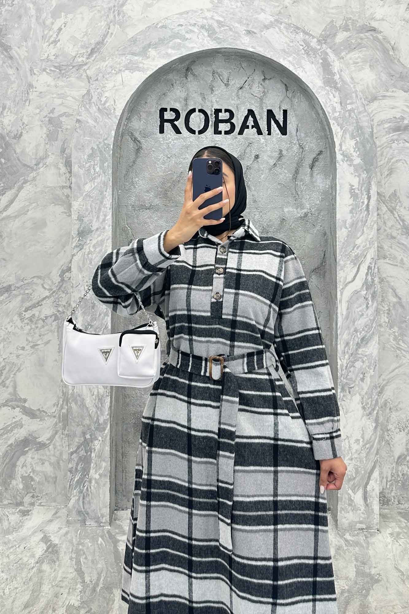 مانتو کفتان کمربندی پشمی چهارخانه 4691