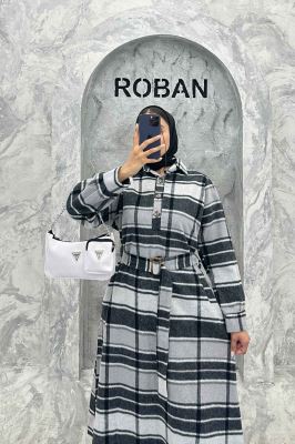 مانتو کفتان کمربندی پشمی چهارخانه 4691