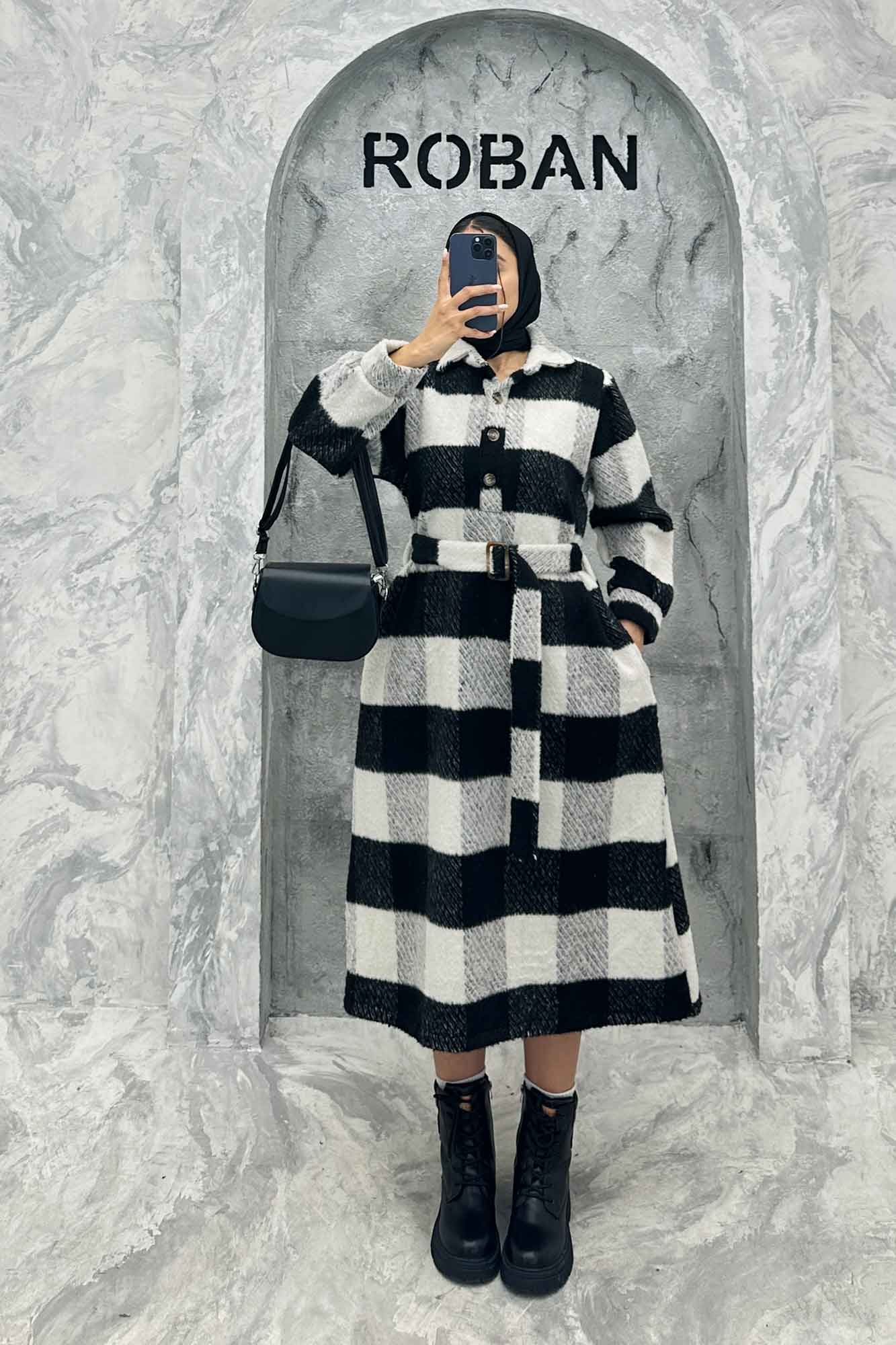 مانتو کفتان کمربندی پشمی چهارخانه 4691