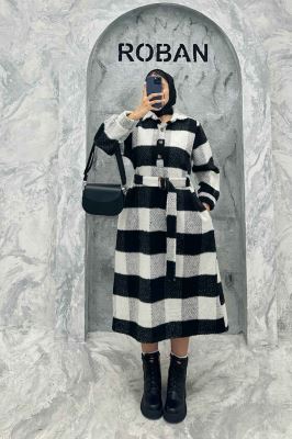 مانتو کفتان کمربندی پشمی چهارخانه 4691