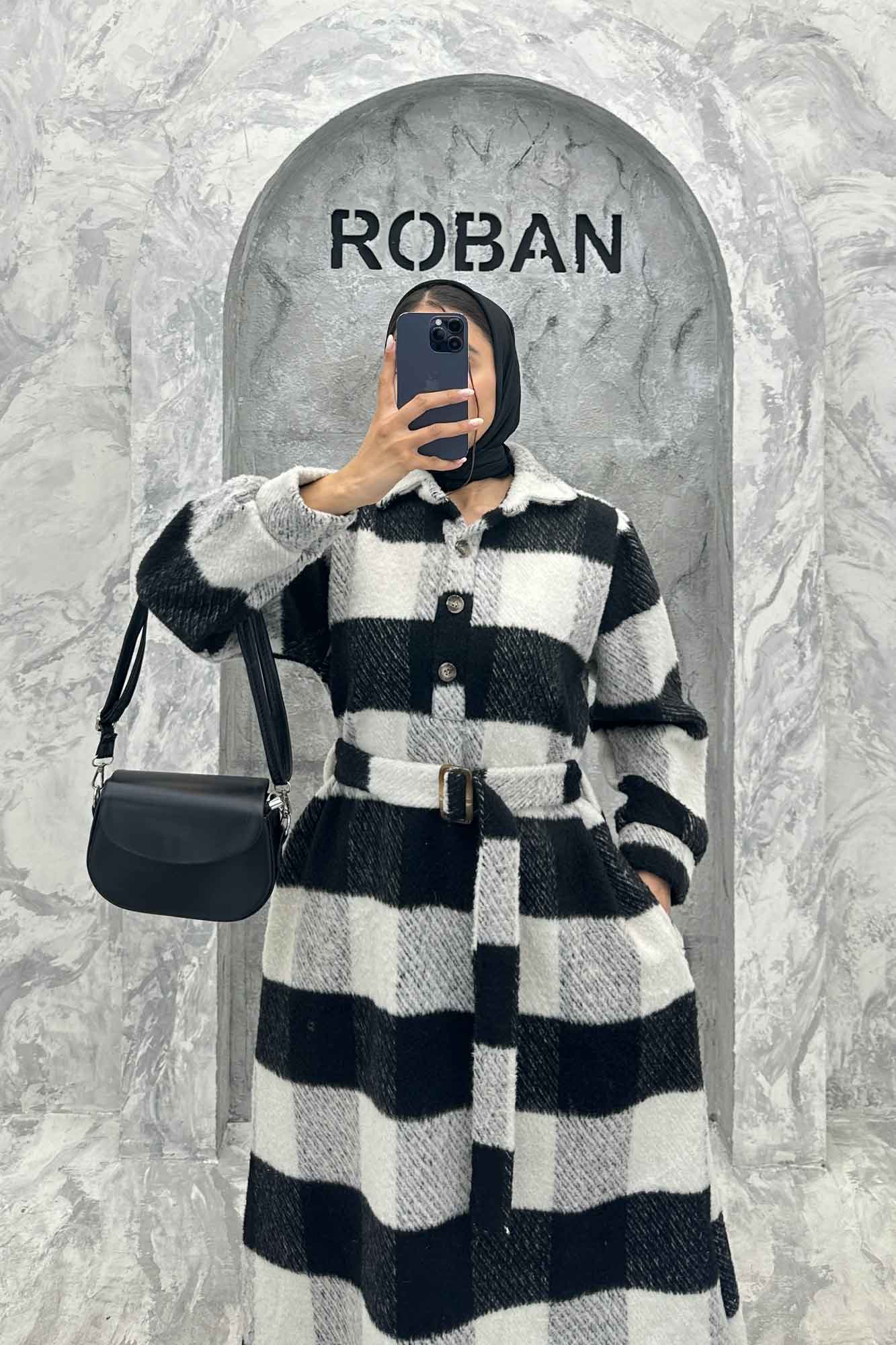 مانتو کفتان کمربندی پشمی چهارخانه 4691