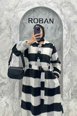 مانتو کفتان کمربندی پشمی چهارخانه 4691