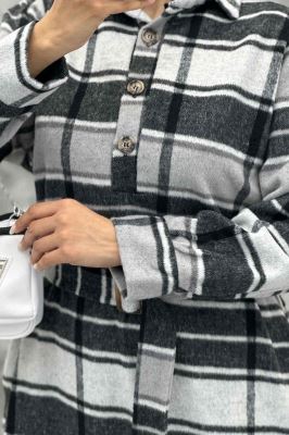 مانتو کفتان کمربندی پشمی چهارخانه 4691