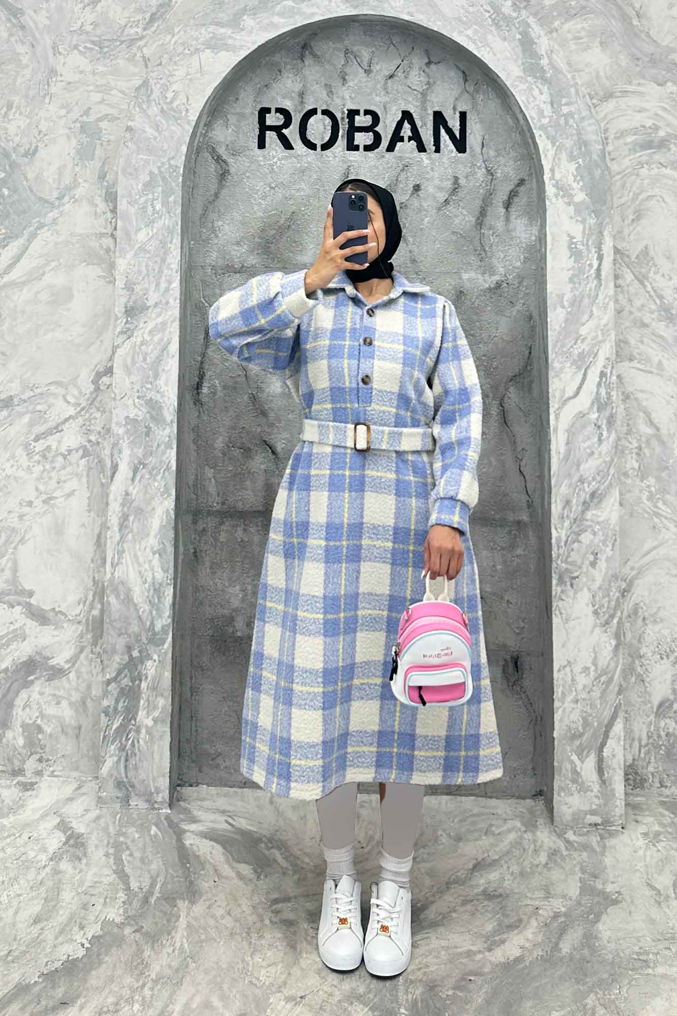 مانتو کفتان کمربندی پشمی چهارخانه 4691