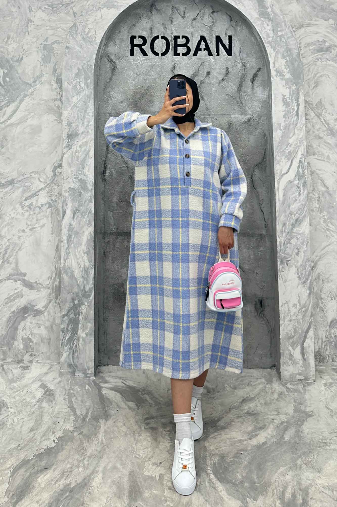 مانتو کفتان کمربندی پشمی چهارخانه 4691