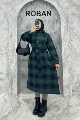 مانتو کفتان کمربندی پشمی چهارخانه 4691