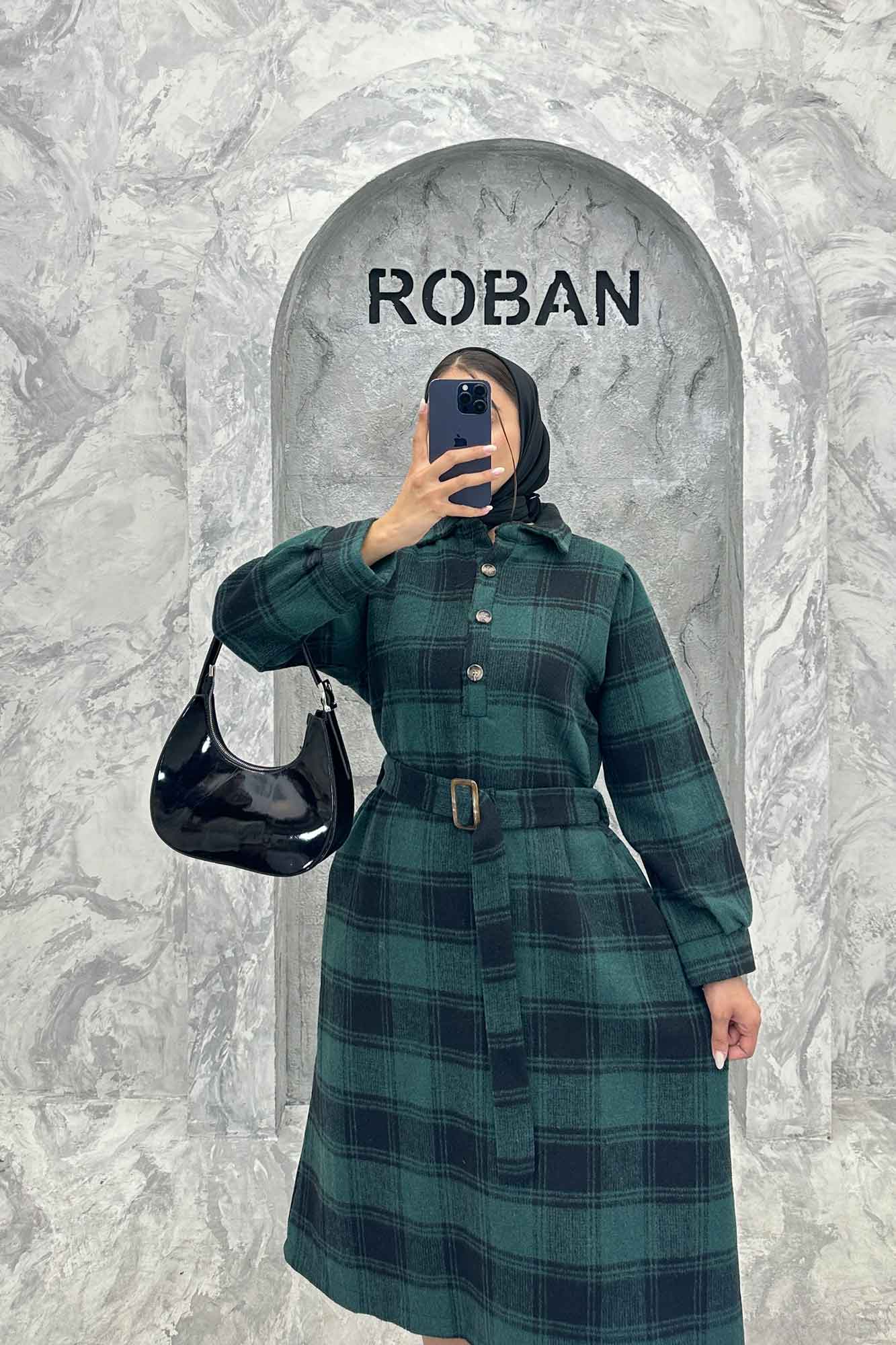 مانتو کفتان کمربندی پشمی چهارخانه 4691