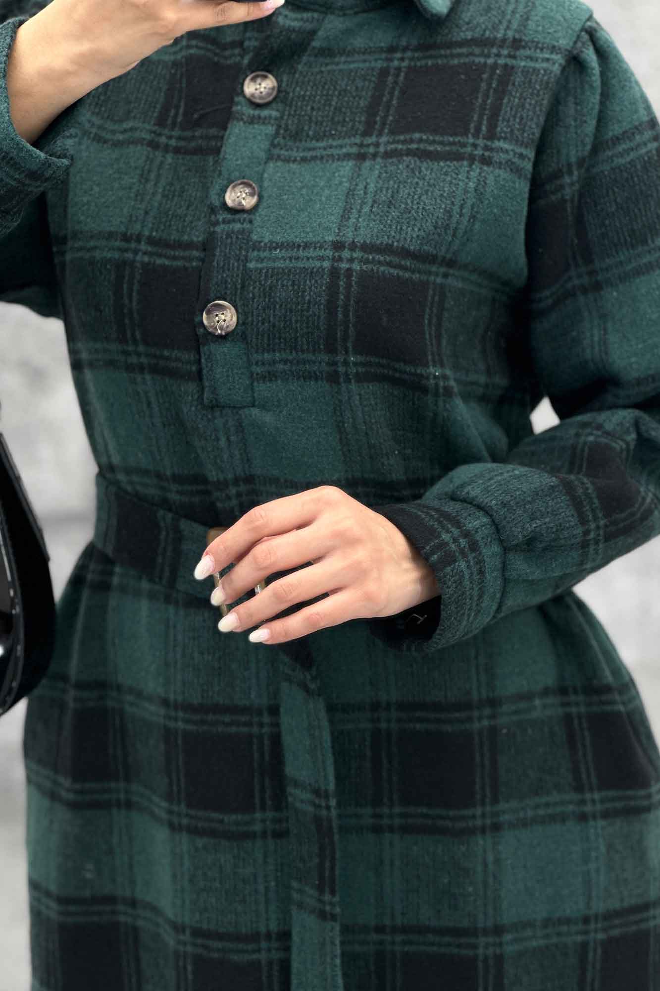 مانتو کفتان کمربندی پشمی چهارخانه 4691