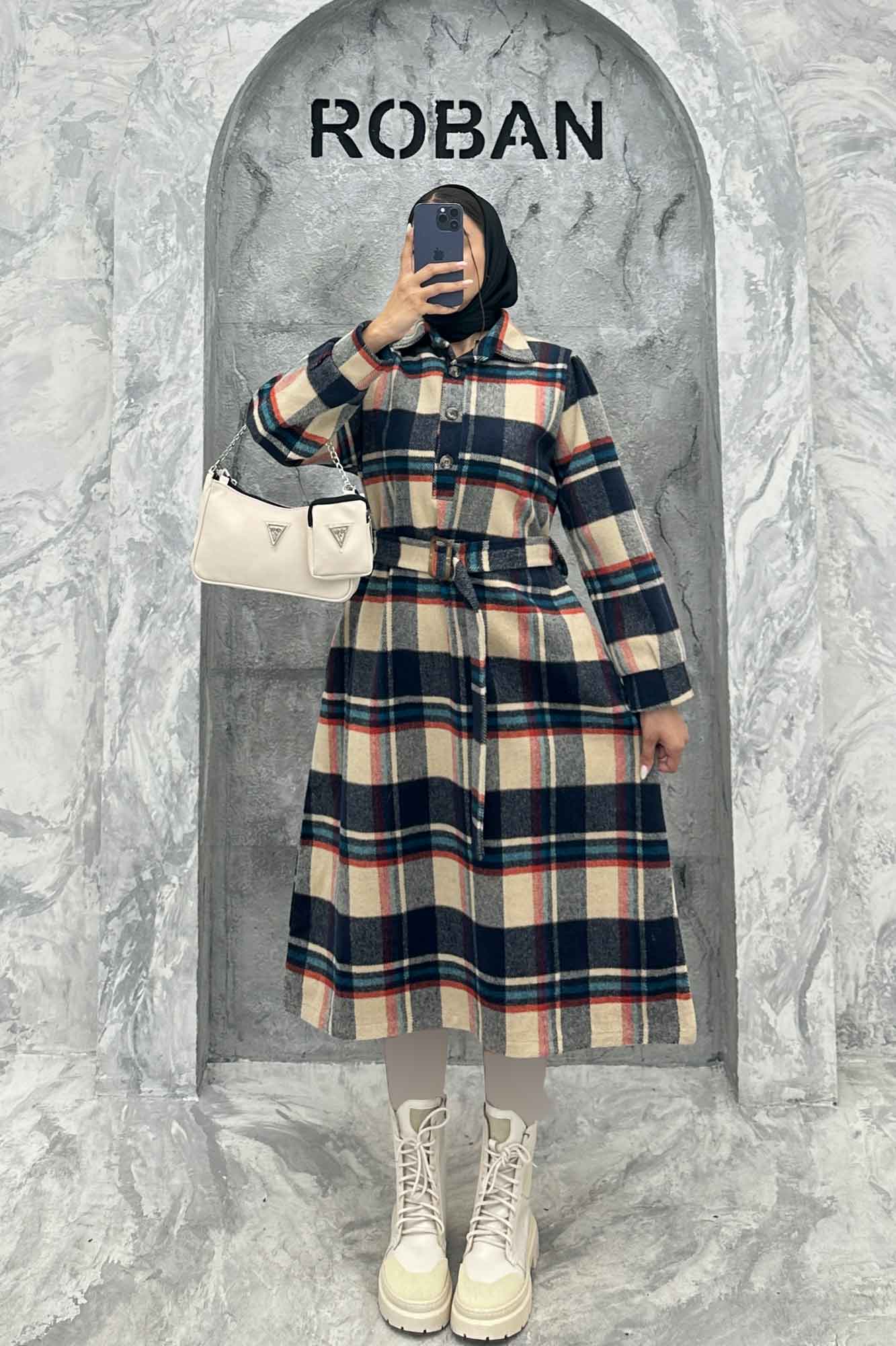 مانتو کفتان کمربندی پشمی چهارخانه 4691