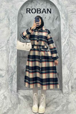 مانتو کفتان کمربندی پشمی چهارخانه 4691