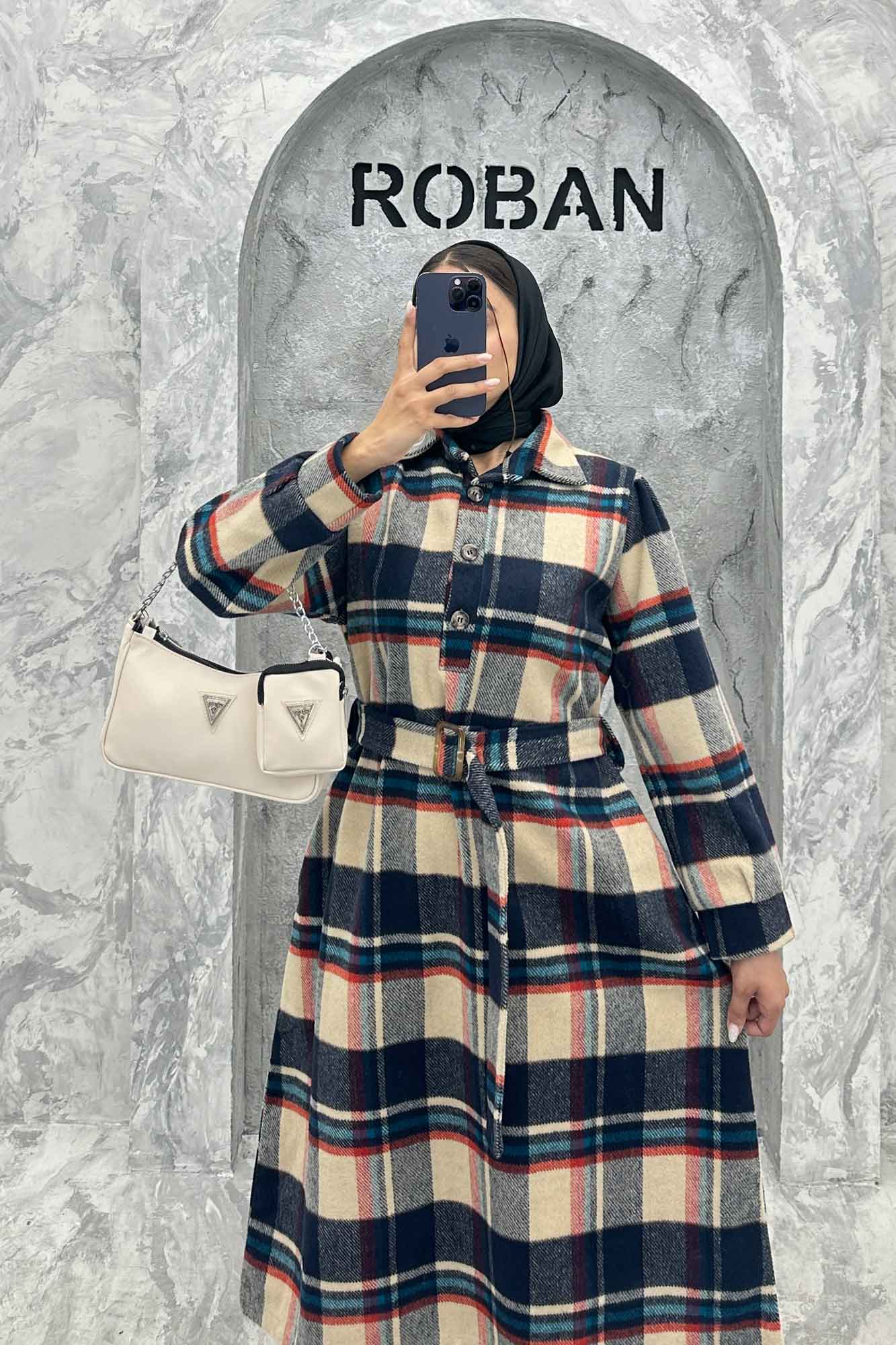 مانتو کفتان کمربندی پشمی چهارخانه 4691