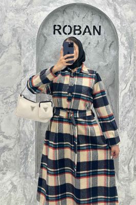 مانتو کفتان کمربندی پشمی چهارخانه 4691