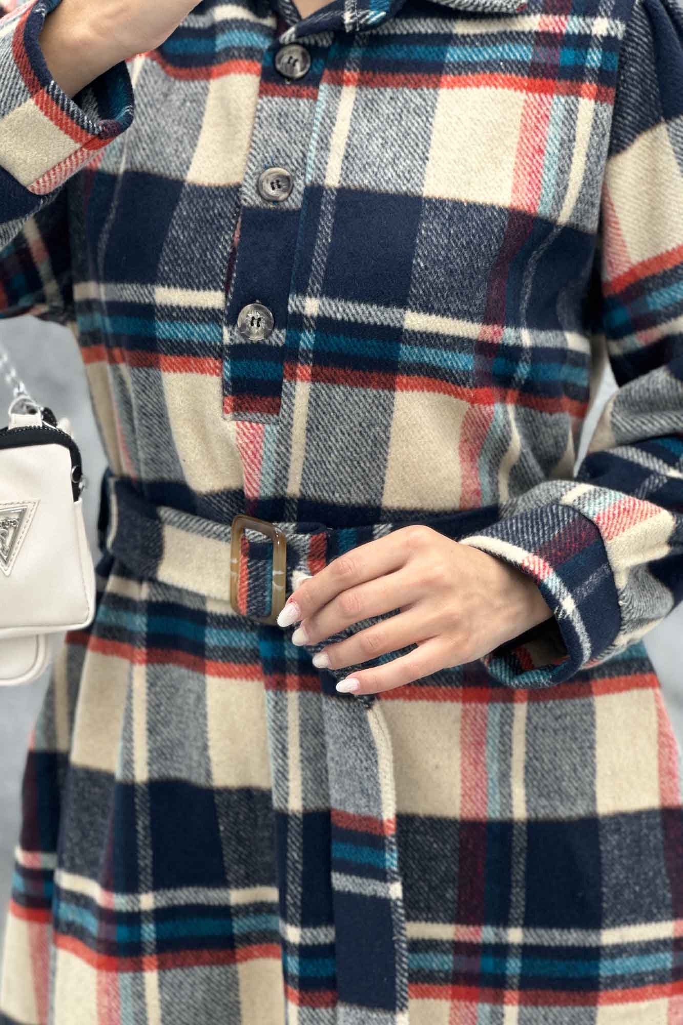 مانتو کفتان کمربندی پشمی چهارخانه 4691