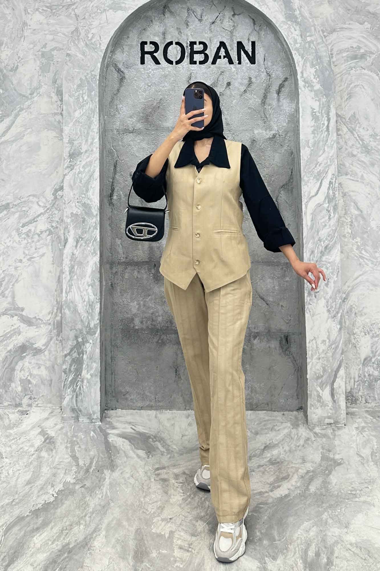 ست ژیله و شلوار یقه هفت لینن ژاکارد