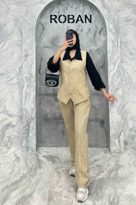 ست ژیله و شلوار یقه هفت لینن ژاکارد