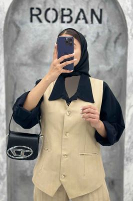 ست ژیله و شلوار یقه هفت لینن ژاکارد