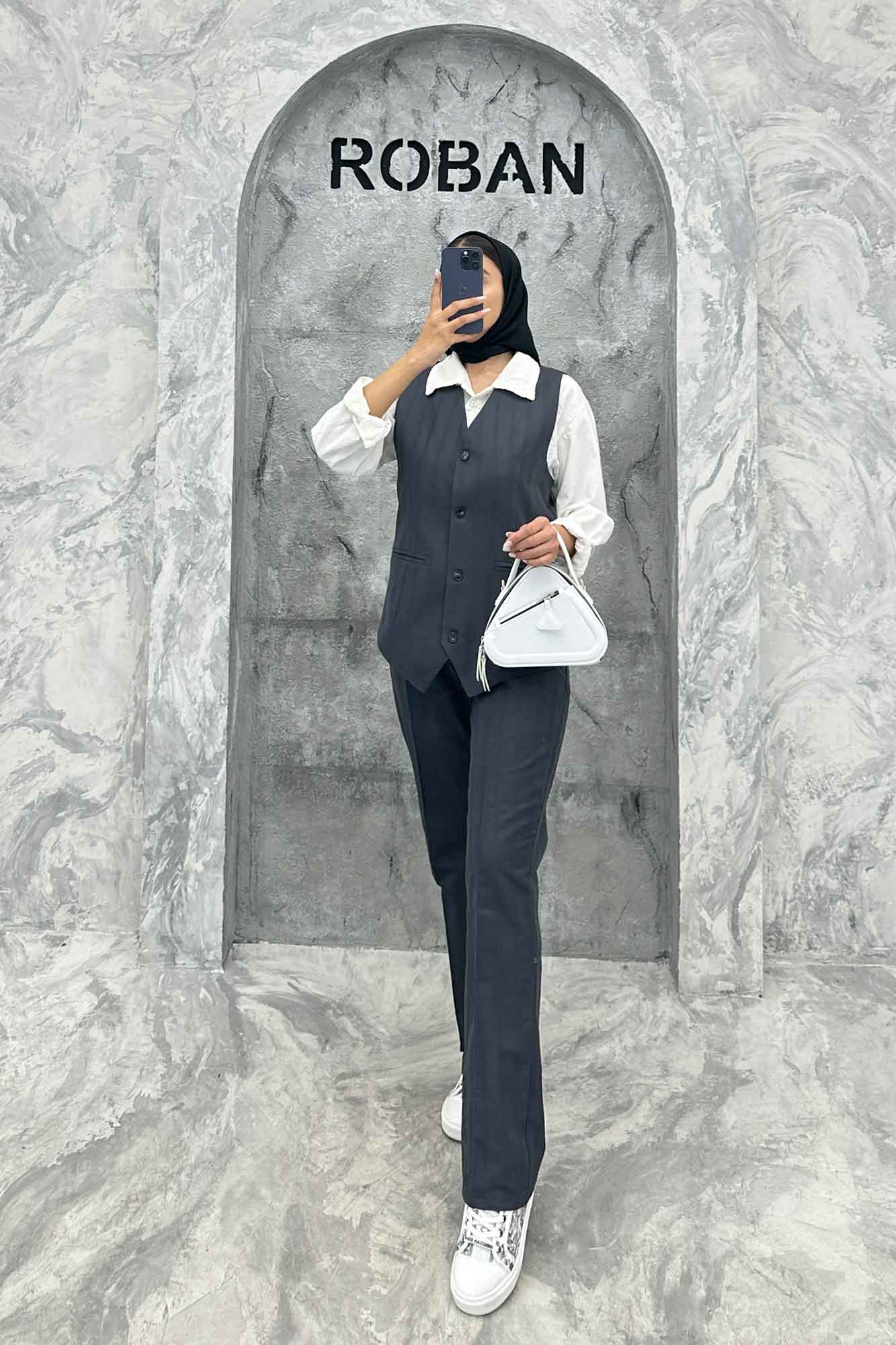 ست ژیله و شلوار یقه هفت لینن ژاکارد