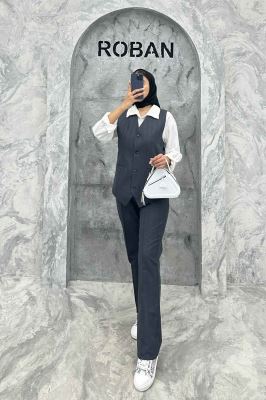 ست ژیله و شلوار یقه هفت لینن ژاکارد