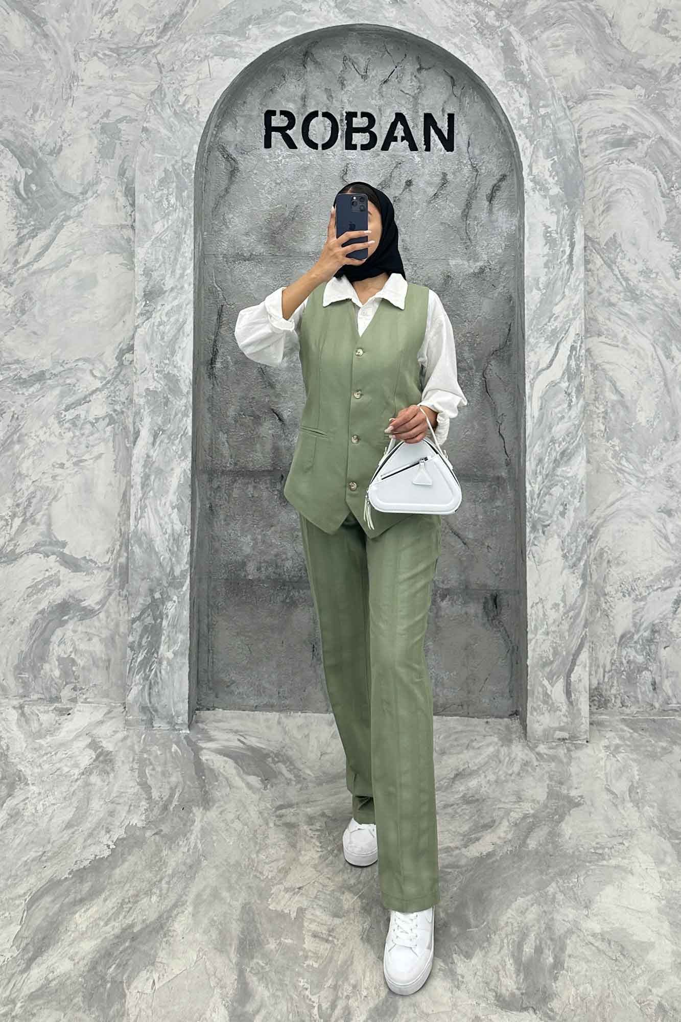 ست ژیله و شلوار یقه هفت لینن ژاکارد