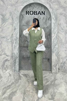 ست ژیله و شلوار یقه هفت لینن ژاکارد