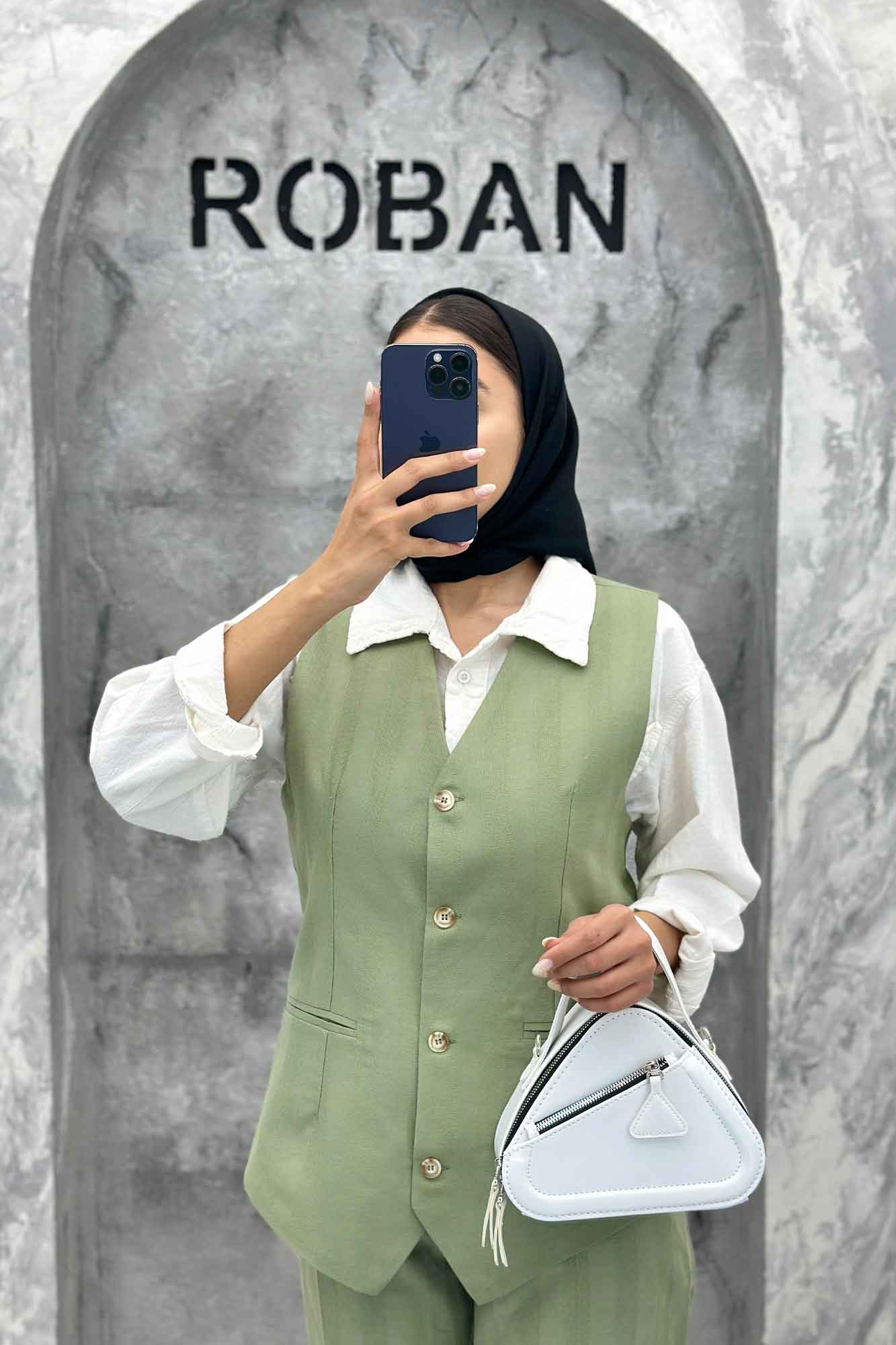 ست ژیله و شلوار یقه هفت لینن ژاکارد