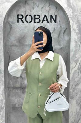 ست ژیله و شلوار یقه هفت لینن ژاکارد