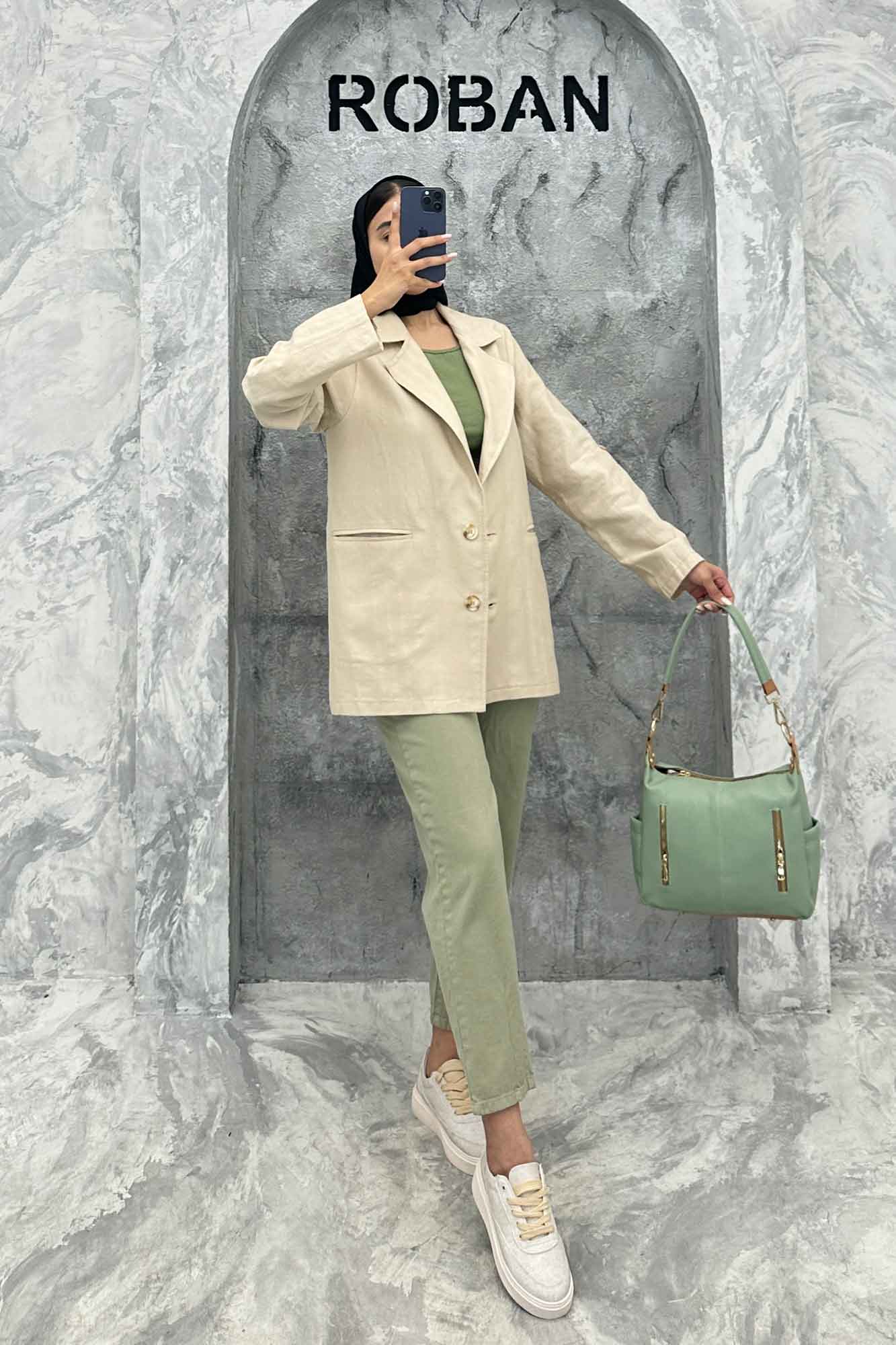 مانتو کتی دو دکمه عمودی جیب فیلتو لینن ژاکارد