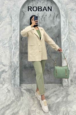 مانتو کتی دو دکمه عمودی جیب فیلتو لینن ژاکارد