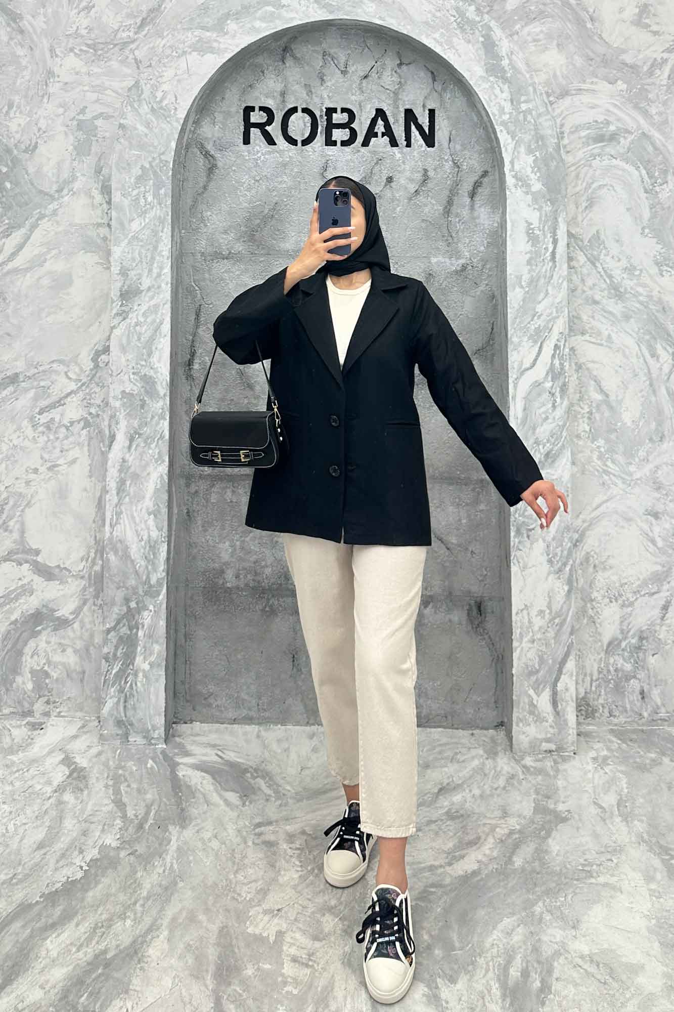 مانتو کتی دو دکمه عمودی جیب فیلتو لینن ژاکارد