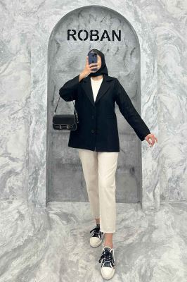 مانتو کتی دو دکمه عمودی جیب فیلتو لینن ژاکارد