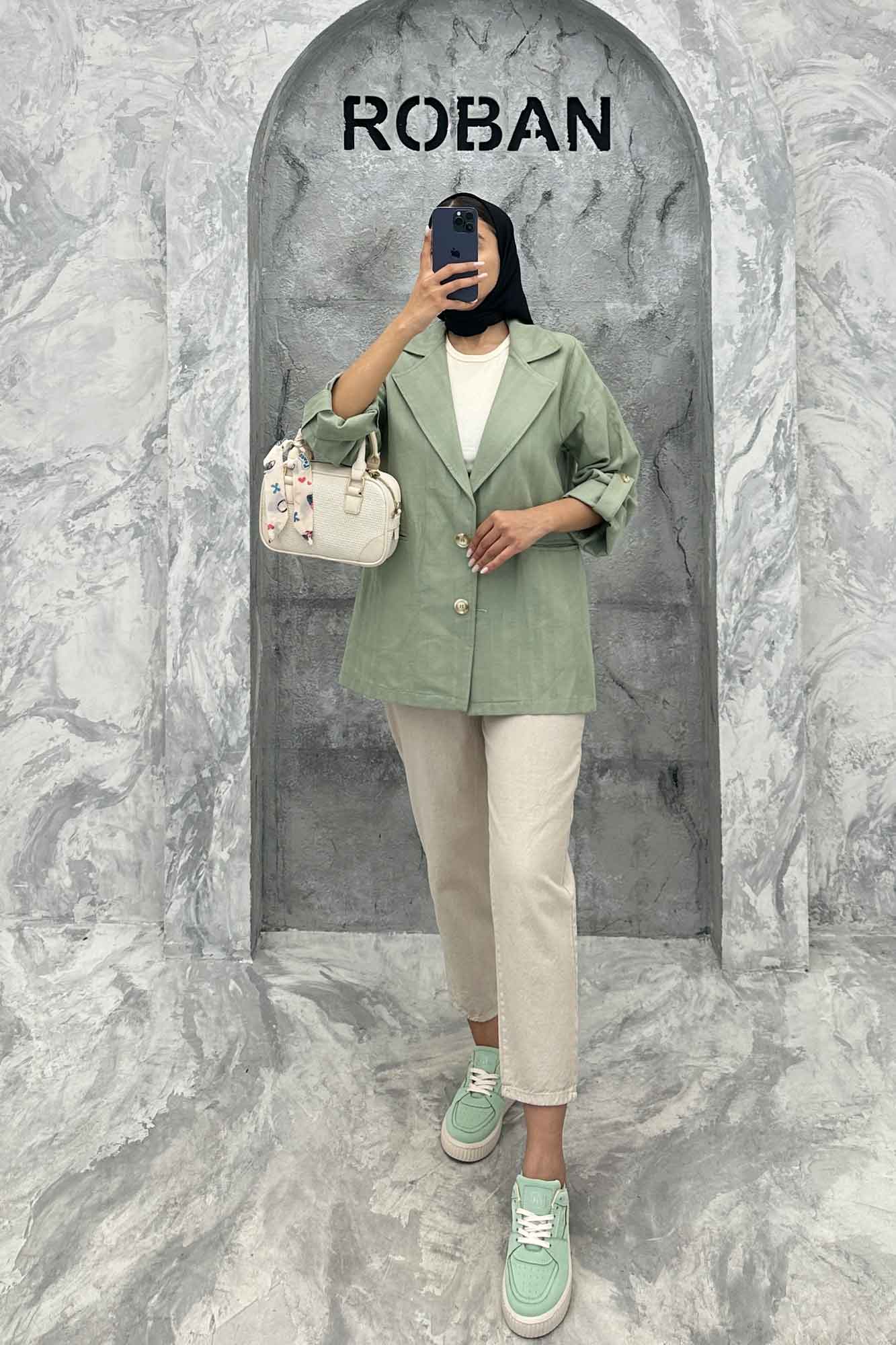 مانتو کتی دو دکمه عمودی جیب فیلتو لینن ژاکارد