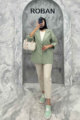 مانتو کتی دو دکمه عمودی جیب فیلتو لینن ژاکارد