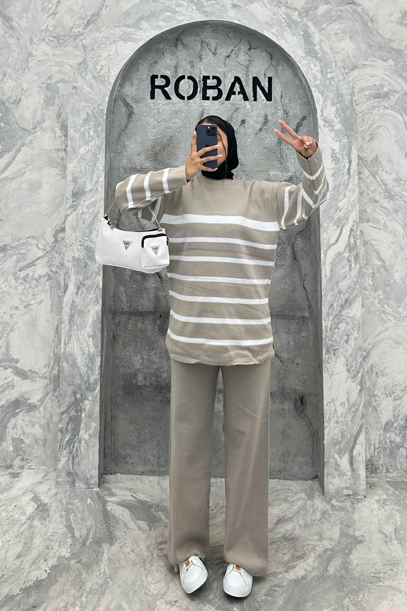 ست دورس و شلوار یقه گرد راه راه بافت