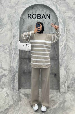 ست دورس و شلوار یقه گرد راه راه بافت