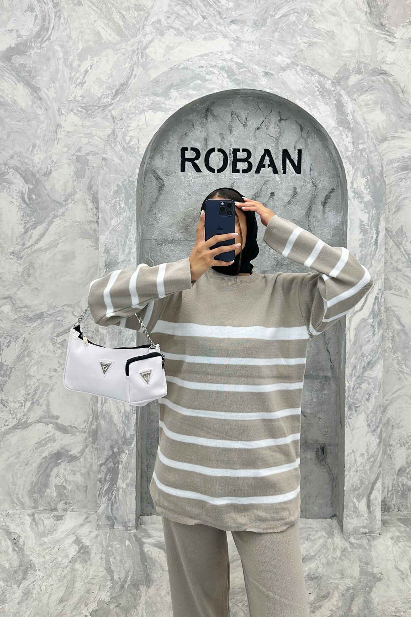 ست دورس و شلوار یقه گرد راه راه بافت